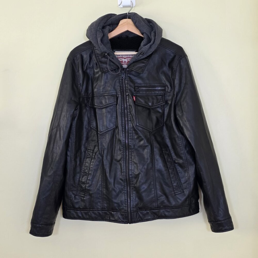 Levi's Trucker Jacket Men L Black Faux Leather LS Hooded Pockets Western Grunge